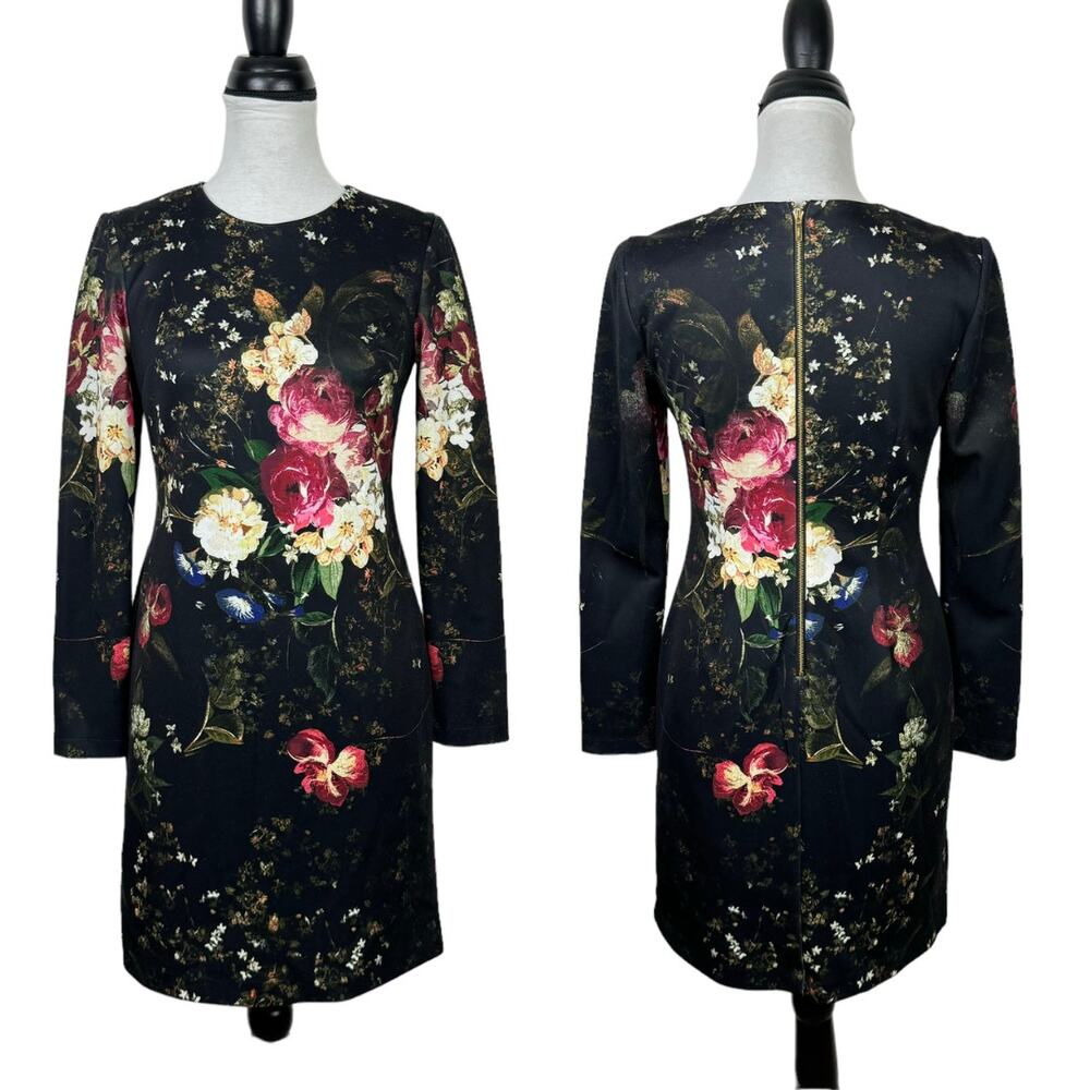 Maia | Black Colorful Peony Floral Long Sleeve Knee Length Scuba Sheath Dress